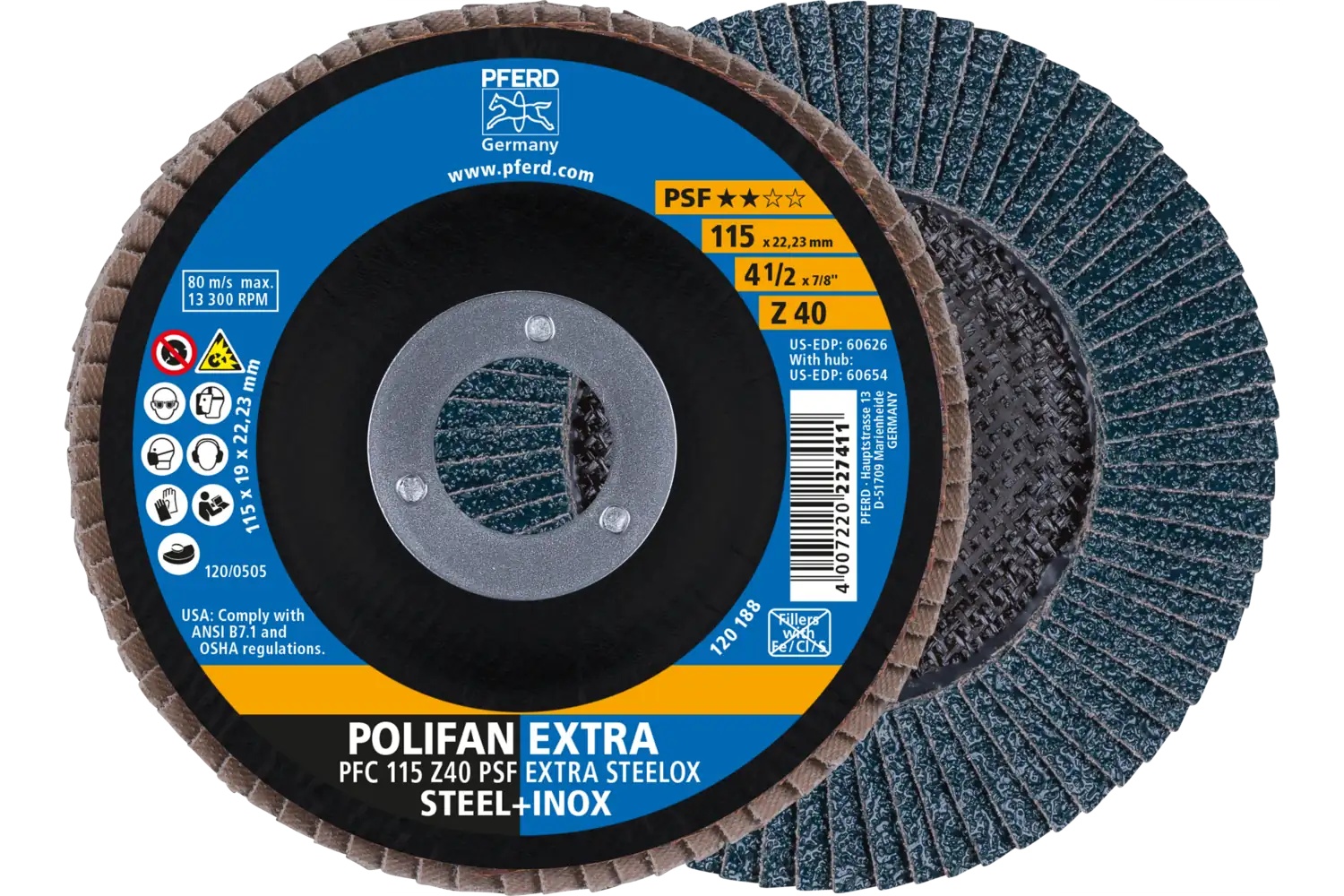 Picture of Pferd Flap Disc, 4-1/2" x 7/8, Z PSF Extra Steelox, 40 Grit, T29, Conical, Zirconia